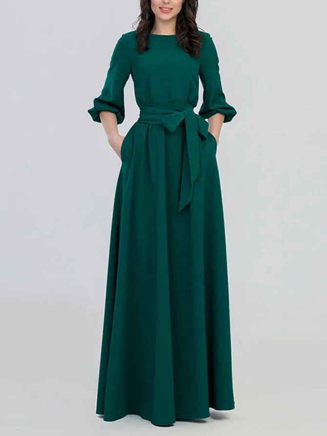 Round Neck Casual Long Dress Beautiful Retro Three Seasons Sleeve Dress Women's Clothing