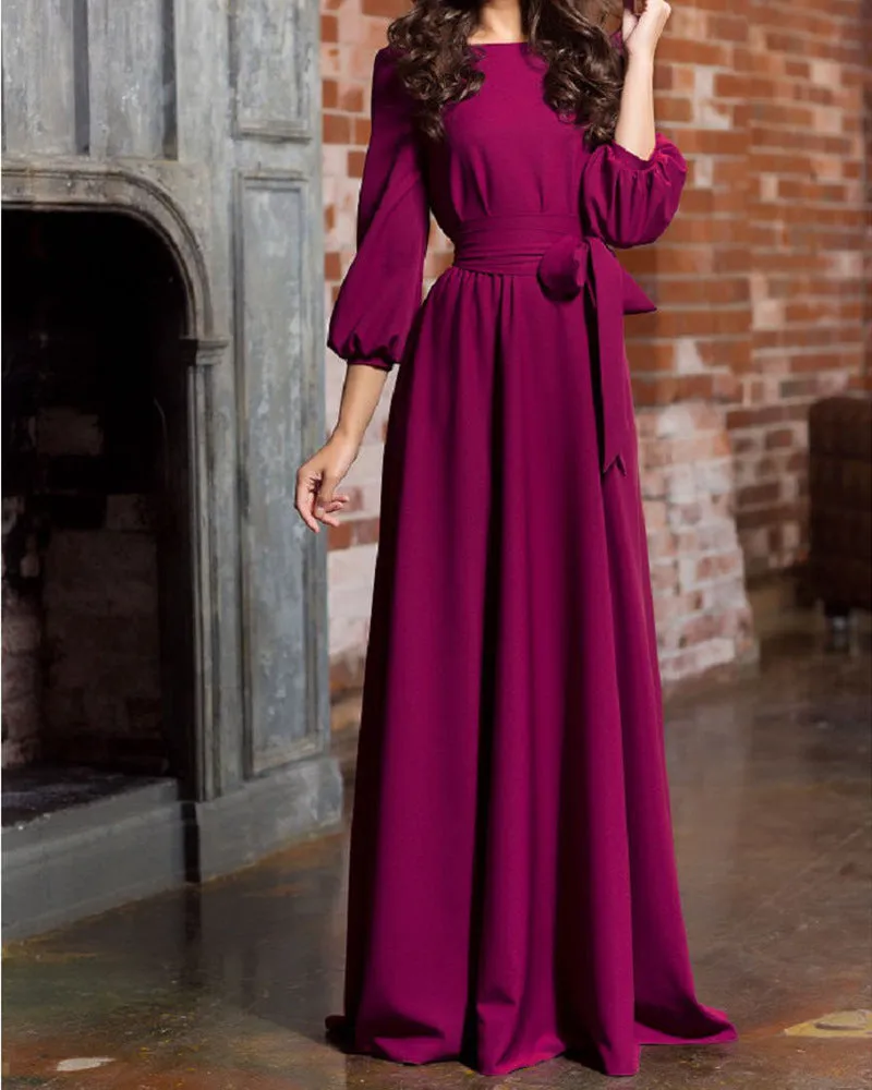 Round Neck Casual Long Dress Beautiful Retro Three Seasons Sleeve Dress Women's Clothing