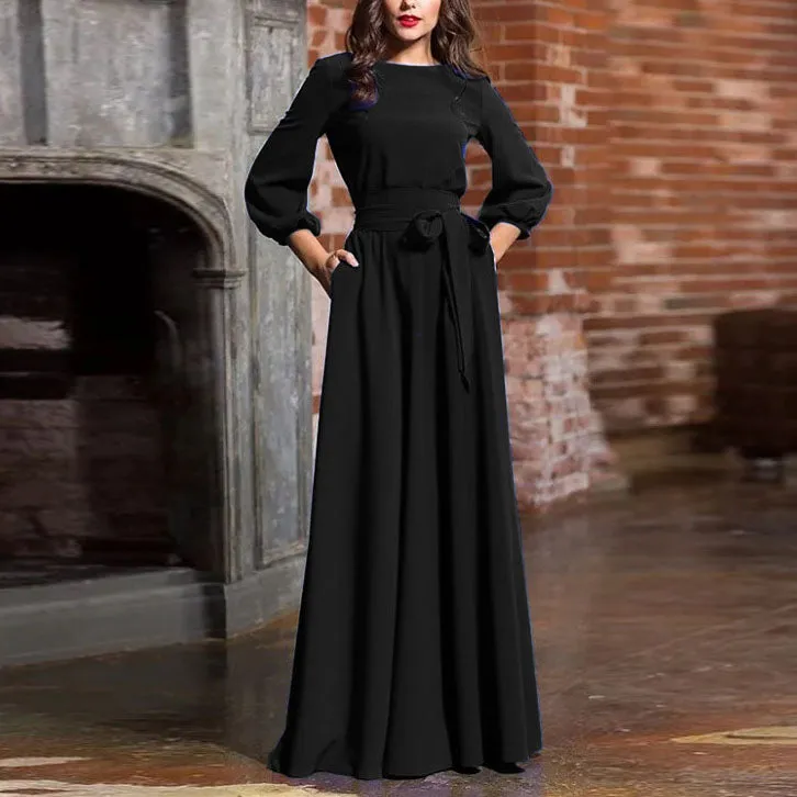 Round Neck Casual Long Dress Beautiful Retro Three Seasons Sleeve Dress Women's Clothing