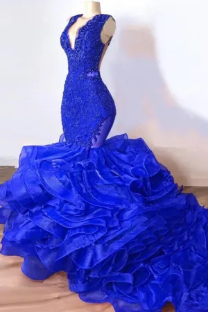 Royal Blue Mermaid Long Ruffles Prom Dresses