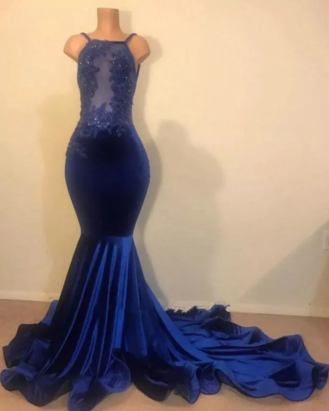 Royal Blue Velvet Long Mermaid Open Back Applique Beading Prom Dresses