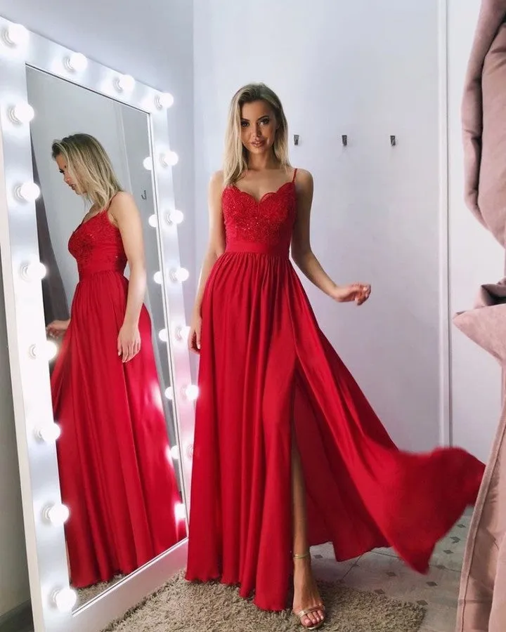 Roycebridal Sexy Long Straps Lace Chiffon Red Bridesmaid Dresses