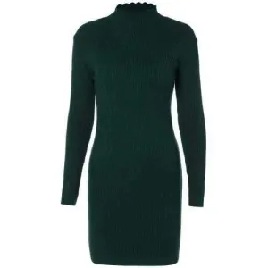 Ruffle Long Sleeve Fitted Sweater Dress - Blackish Green One Size