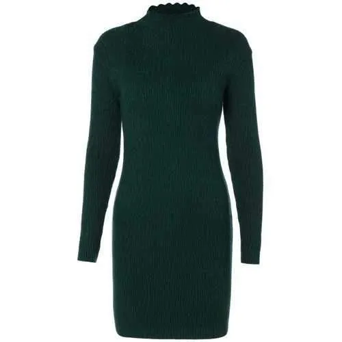Ruffle Long Sleeve Fitted Sweater Dress - Blackish Green One Size