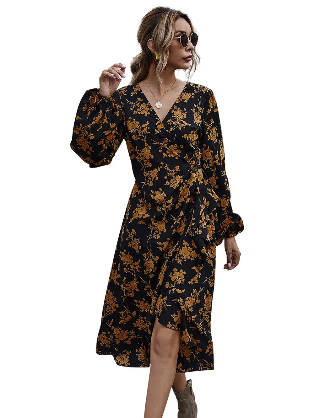 Ruffled V-neck Floral Puff Sleeve Midi Dresses