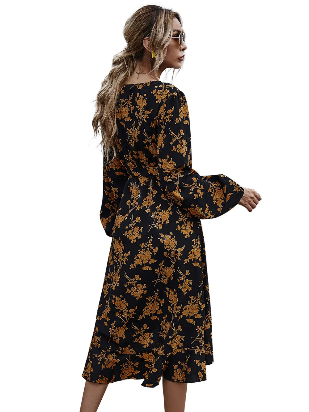 Ruffled V-neck Floral Puff Sleeve Midi Dresses