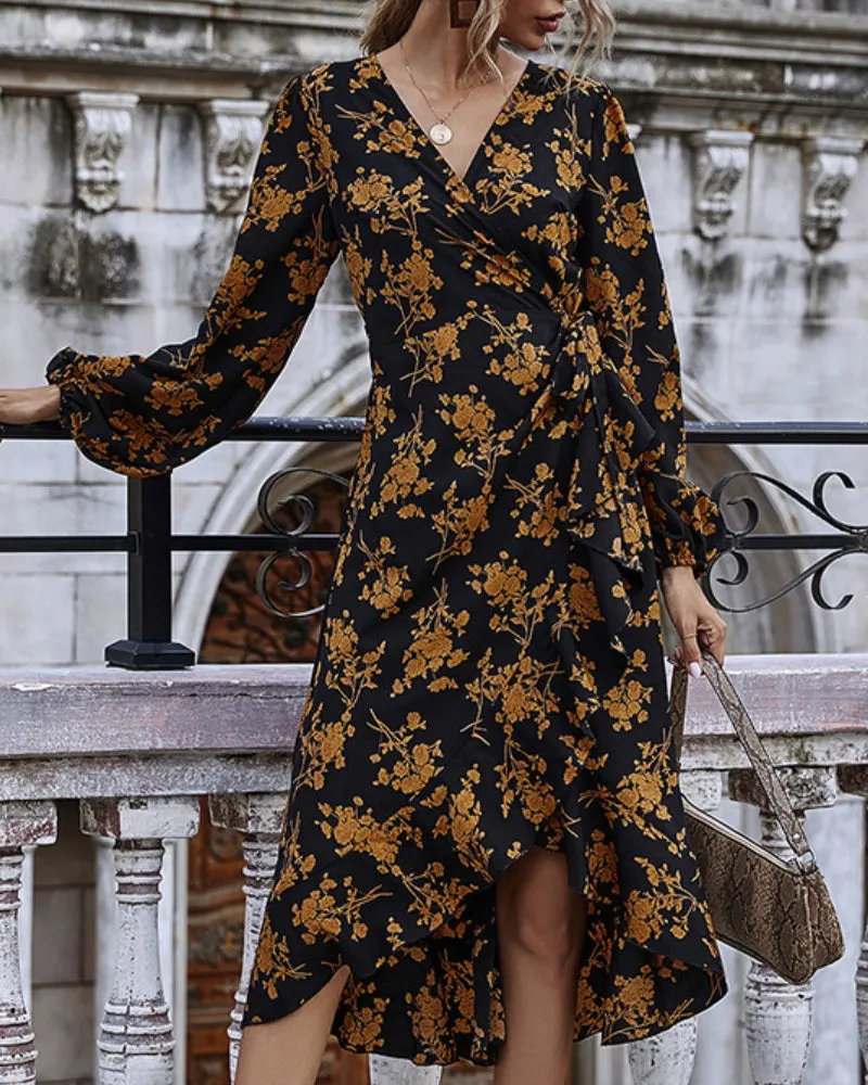 Ruffled V-neck Floral Puff Sleeve Midi Dresses