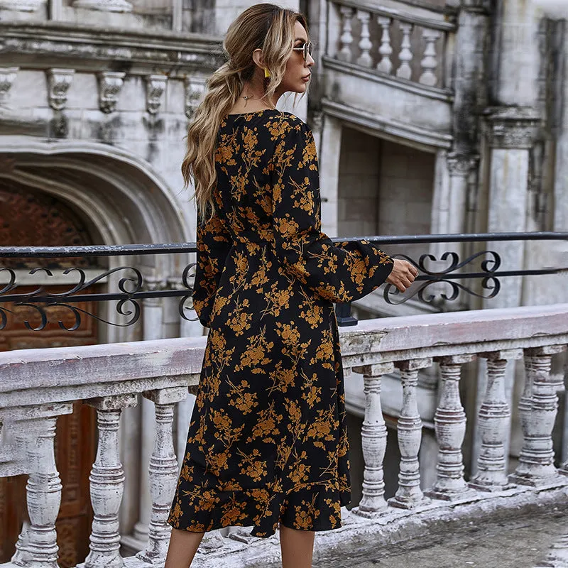 Ruffled V-neck Floral Puff Sleeve Midi Dresses