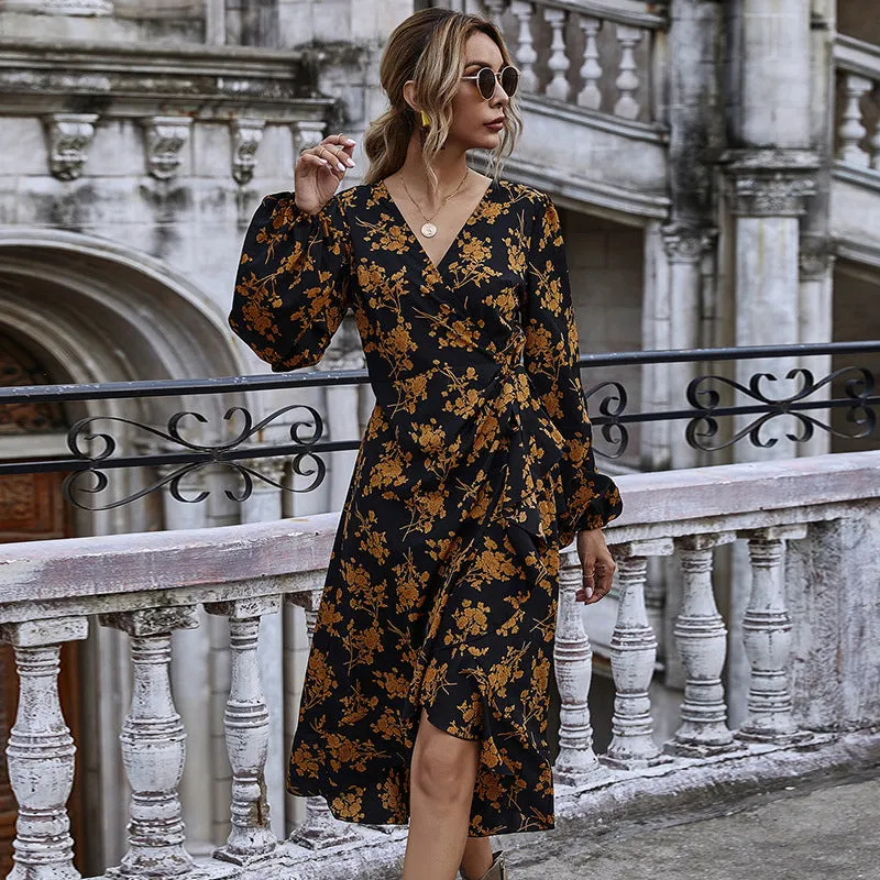 Ruffled V-neck Floral Puff Sleeve Midi Dresses