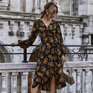 Ruffled V-neck Floral Puff Sleeve Midi Dresses