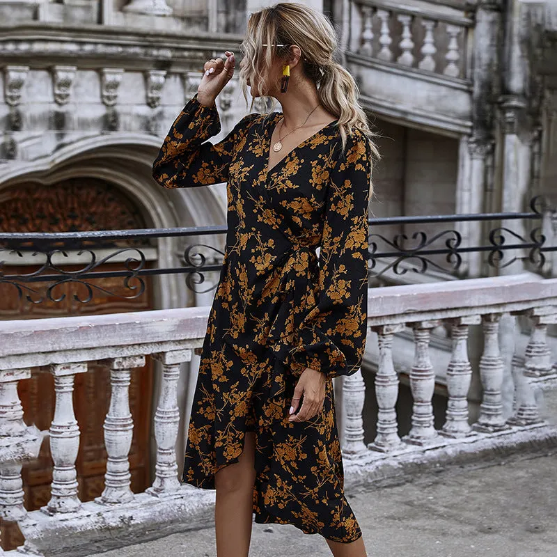 Ruffled V-neck Floral Puff Sleeve Midi Dresses