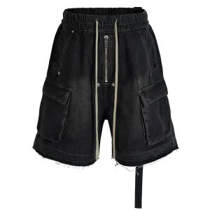 Rugged Denim Utility Shorts with Frayed Hem