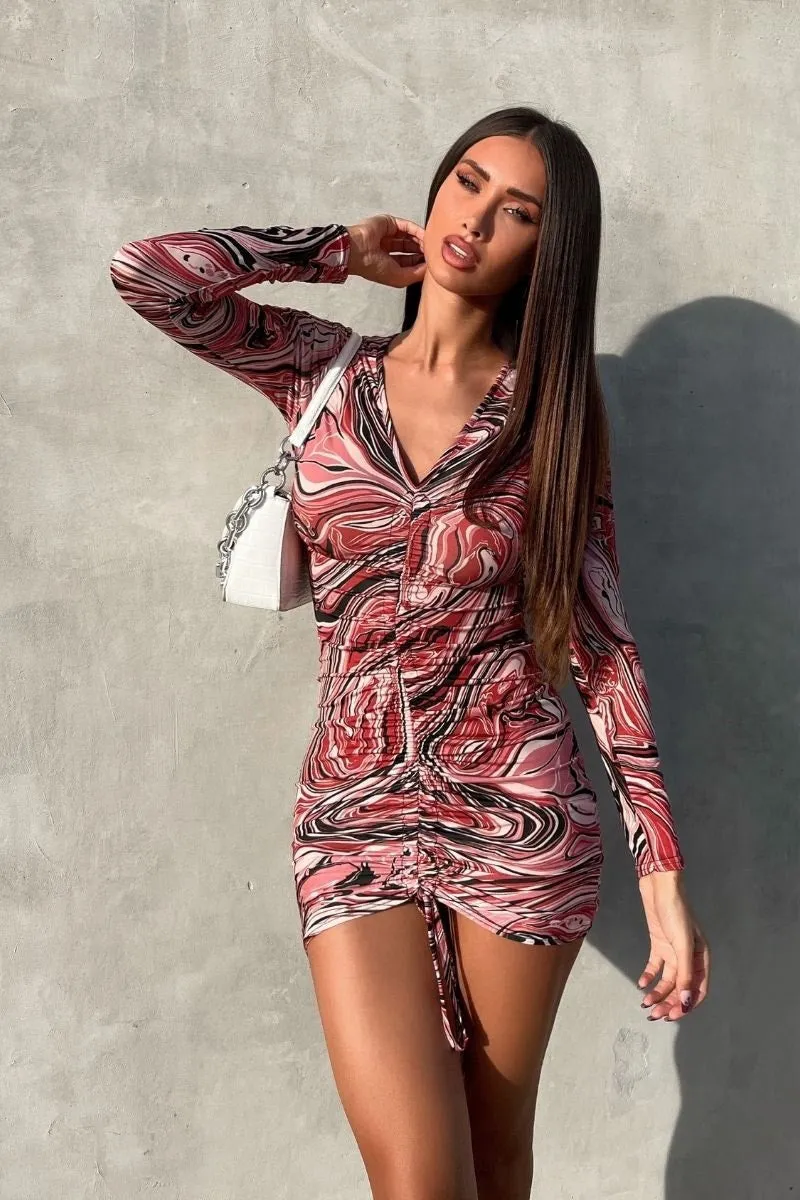 Rust Marble Print Ruched Front Bodycon Mini Dress