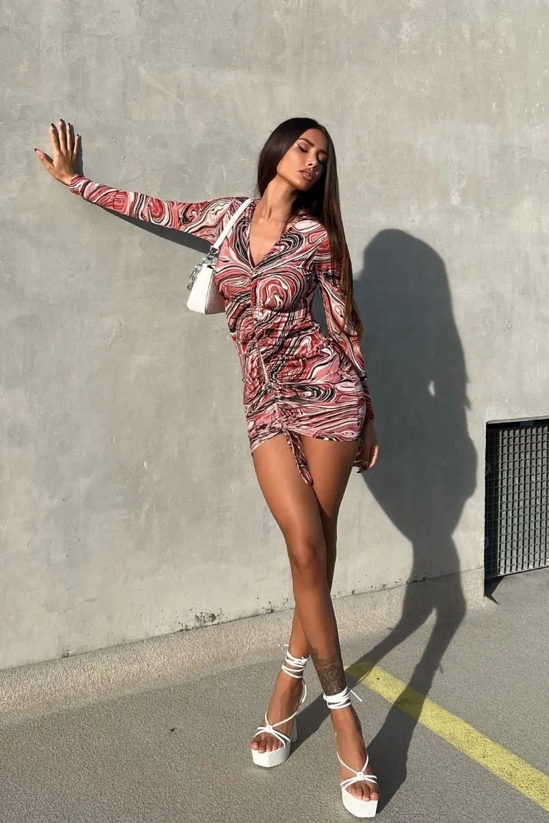 Rust Marble Print Ruched Front Bodycon Mini Dress