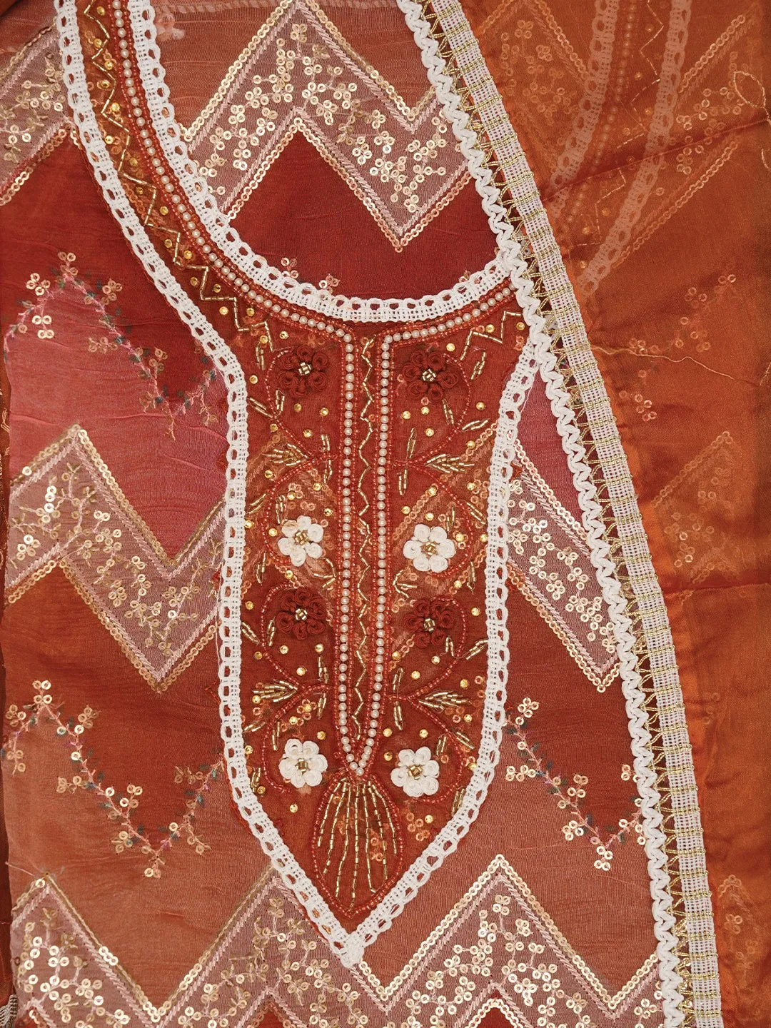 Rust Sequin Embroidered Organza Dress Material with Dupatta