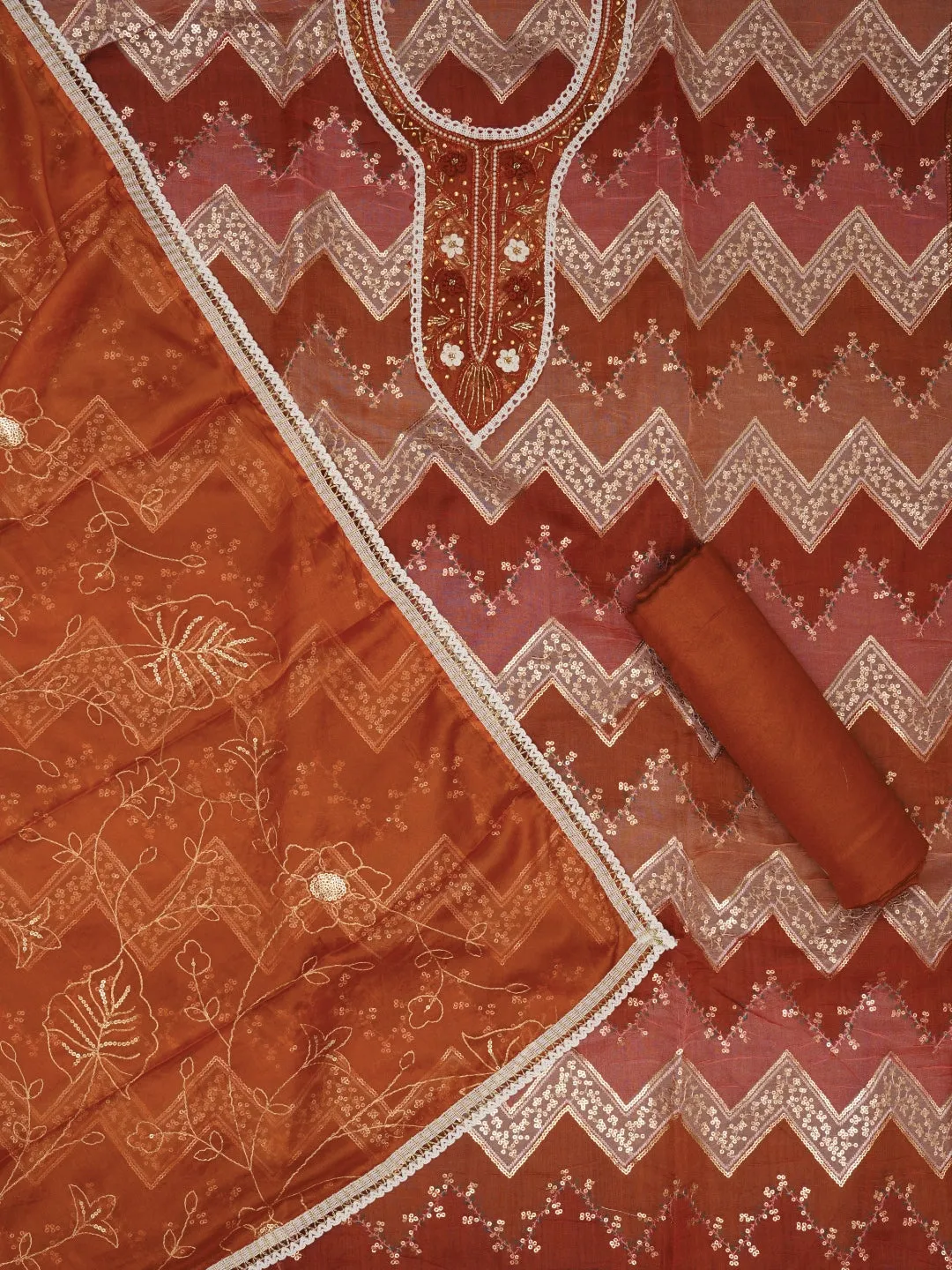 Rust Sequin Embroidered Organza Dress Material with Dupatta