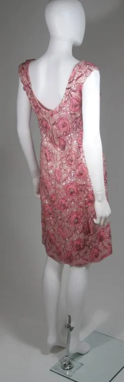 SAKS FIFTH AVENUE 1960s Pink Floral Beaded Cocktail Dress Size 4