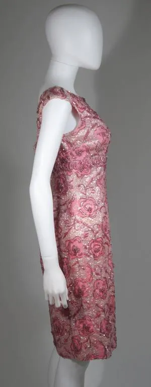 SAKS FIFTH AVENUE 1960s Pink Floral Beaded Cocktail Dress Size 4
