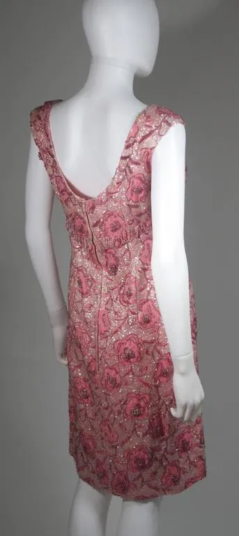 SAKS FIFTH AVENUE 1960s Pink Floral Beaded Cocktail Dress Size 4