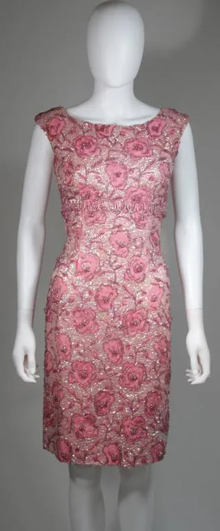 SAKS FIFTH AVENUE 1960s Pink Floral Beaded Cocktail Dress Size 4