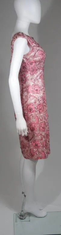 SAKS FIFTH AVENUE 1960s Pink Floral Beaded Cocktail Dress Size 4