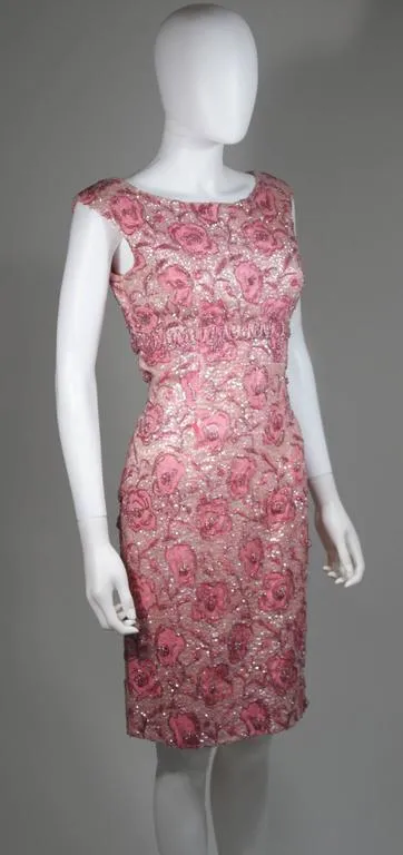 SAKS FIFTH AVENUE 1960s Pink Floral Beaded Cocktail Dress Size 4