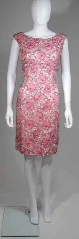 SAKS FIFTH AVENUE 1960s Pink Floral Beaded Cocktail Dress Size 4