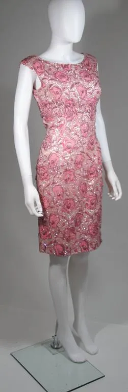 SAKS FIFTH AVENUE 1960s Pink Floral Beaded Cocktail Dress Size 4
