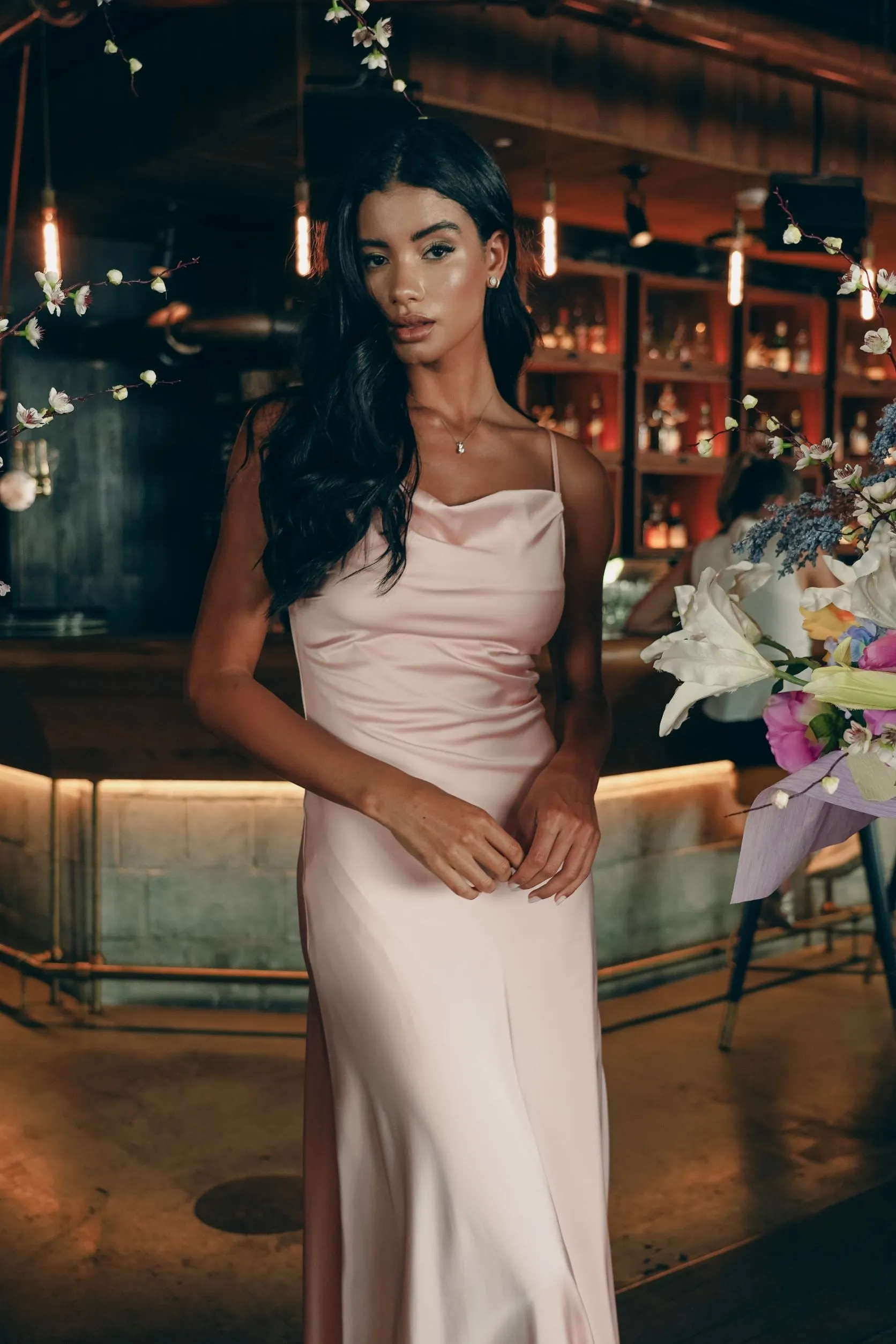 Satin Maxi Dress with Cowl Neck
