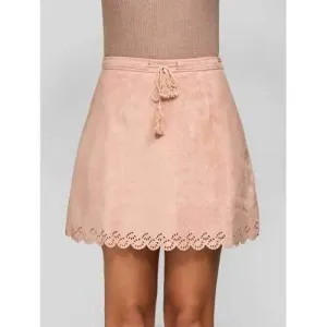 Scalloped Suede Drawstring Tassel Skirt - Pink M