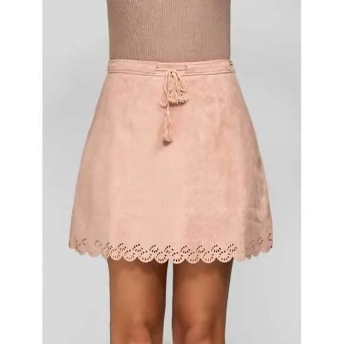 Scalloped Suede Drawstring Tassel Skirt - Pink M
