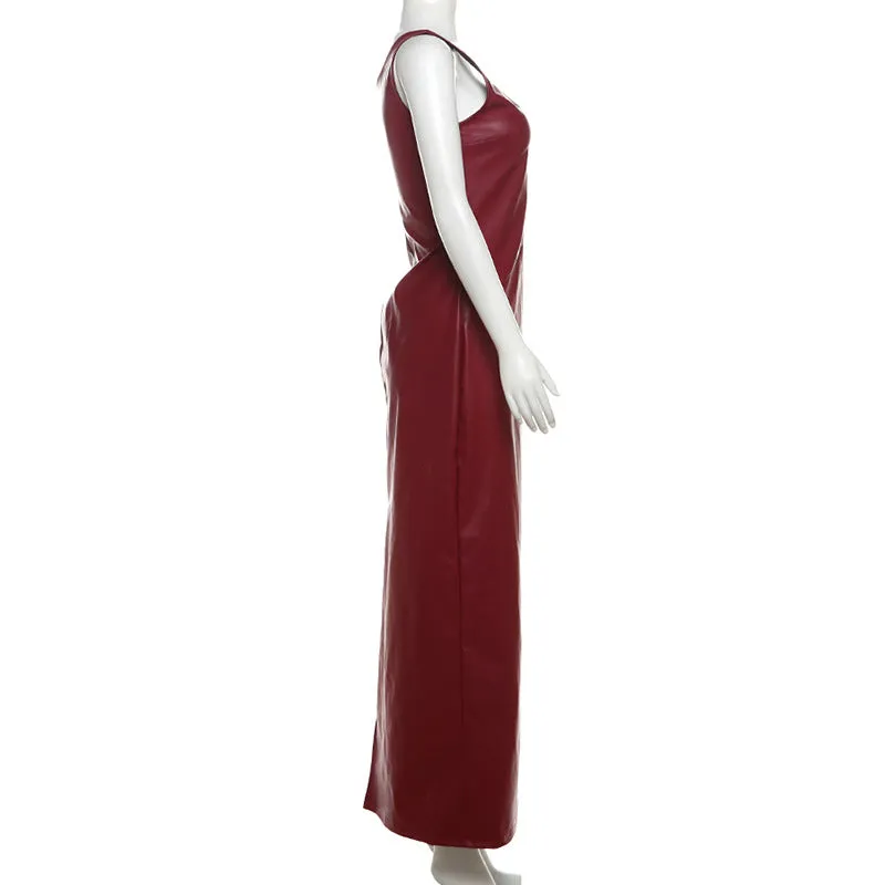 Scoop Neckline Faux Leather Maxi Dress