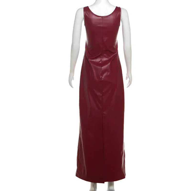 Scoop Neckline Faux Leather Maxi Dress