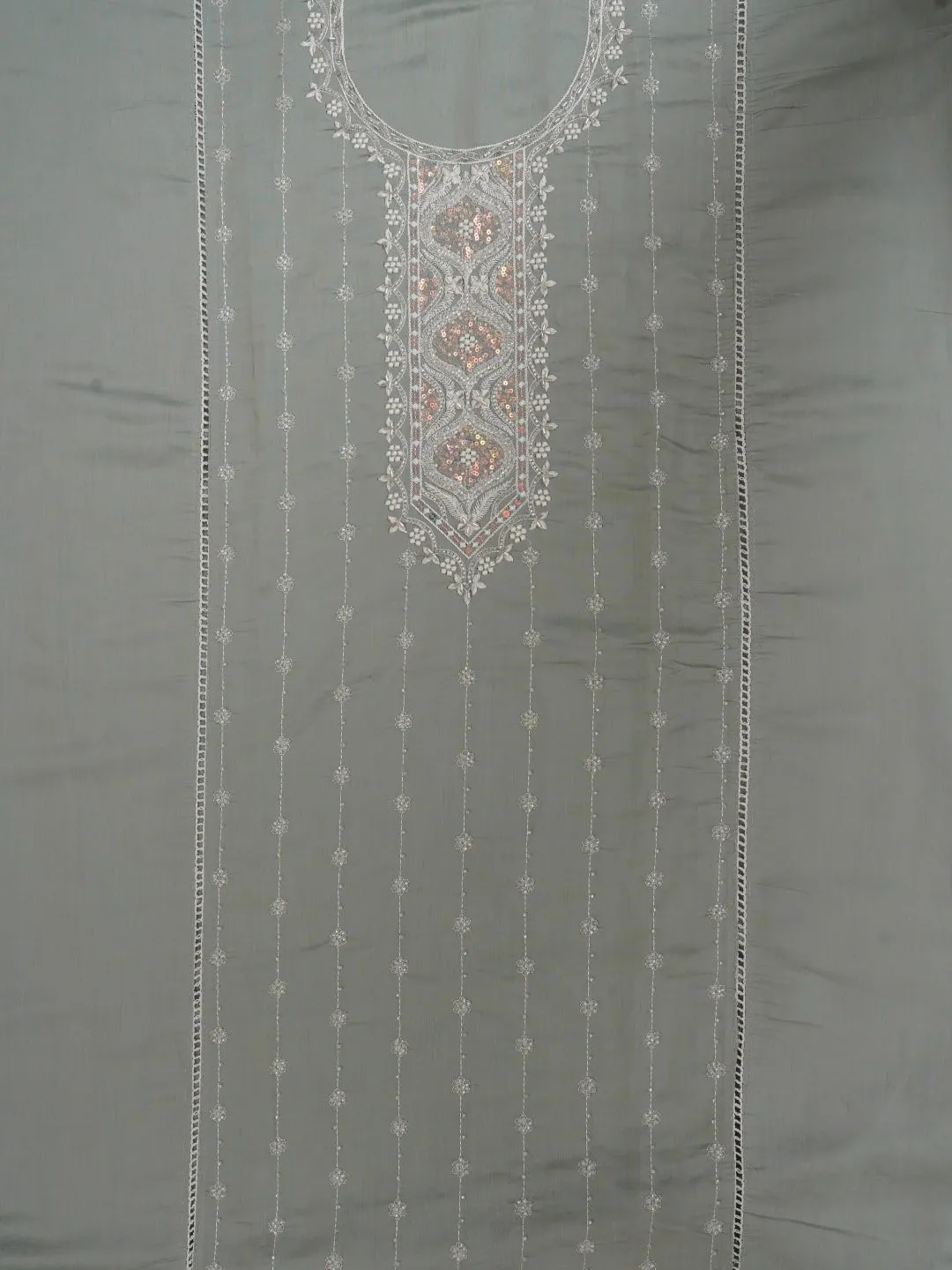 Sea Green Embellished Pure Silk Dress Material with Dupatta