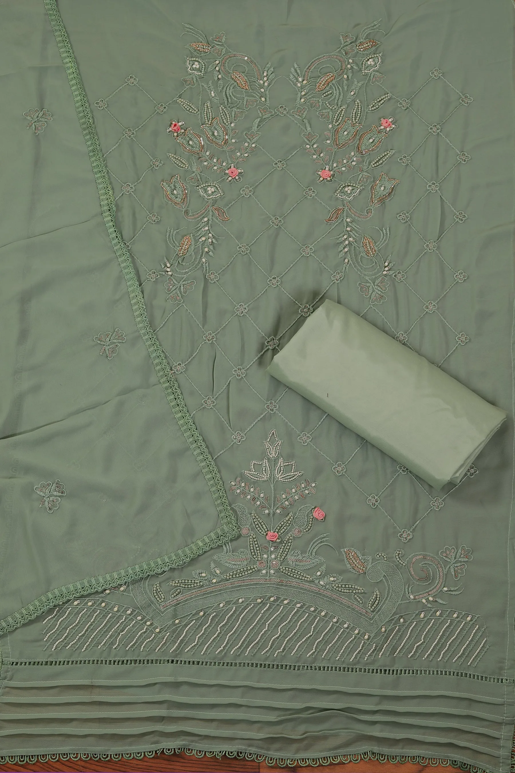 Sea Green Embroidered Poly Georgette Dress Material with Dupatta