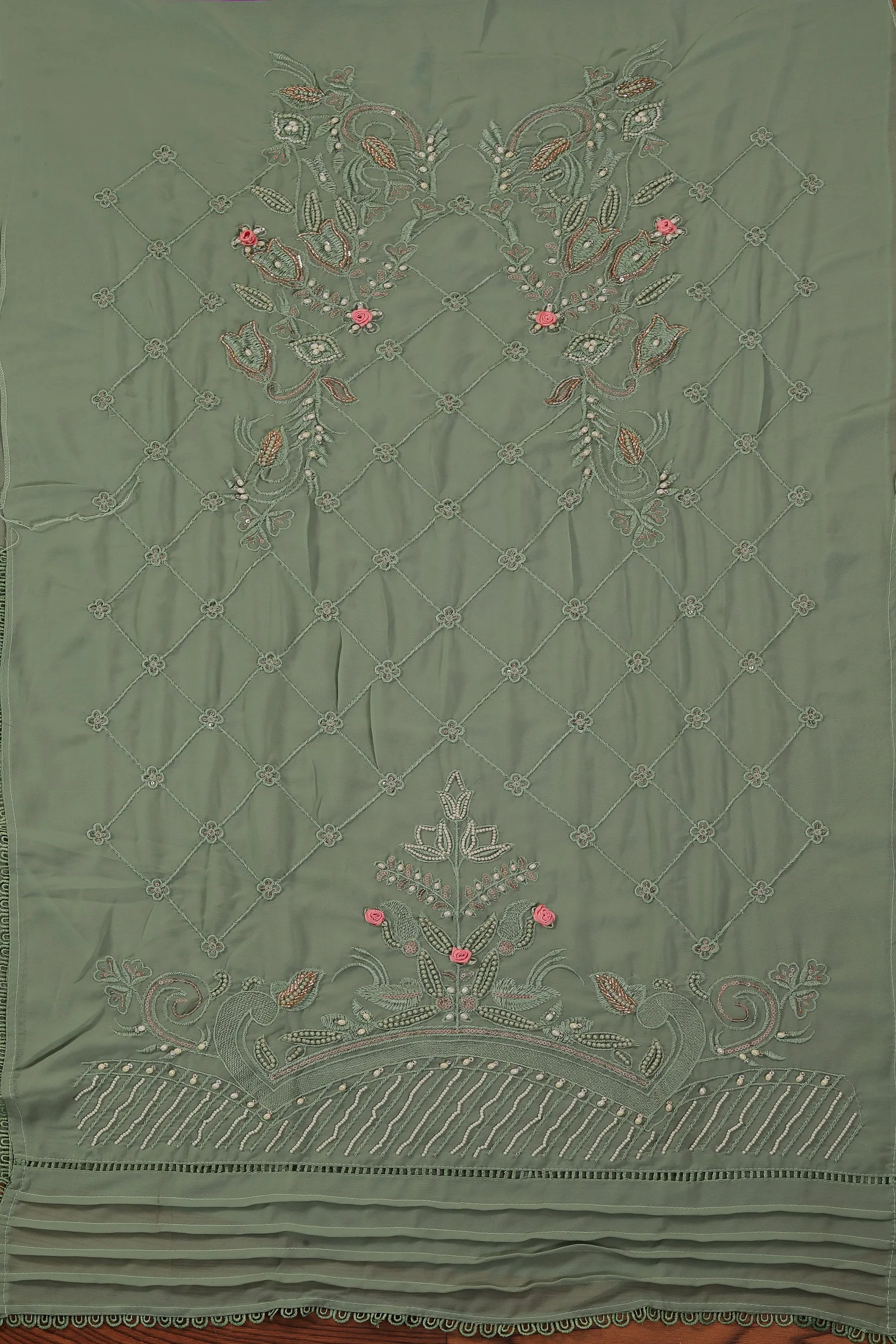 Sea Green Embroidered Poly Georgette Dress Material with Dupatta