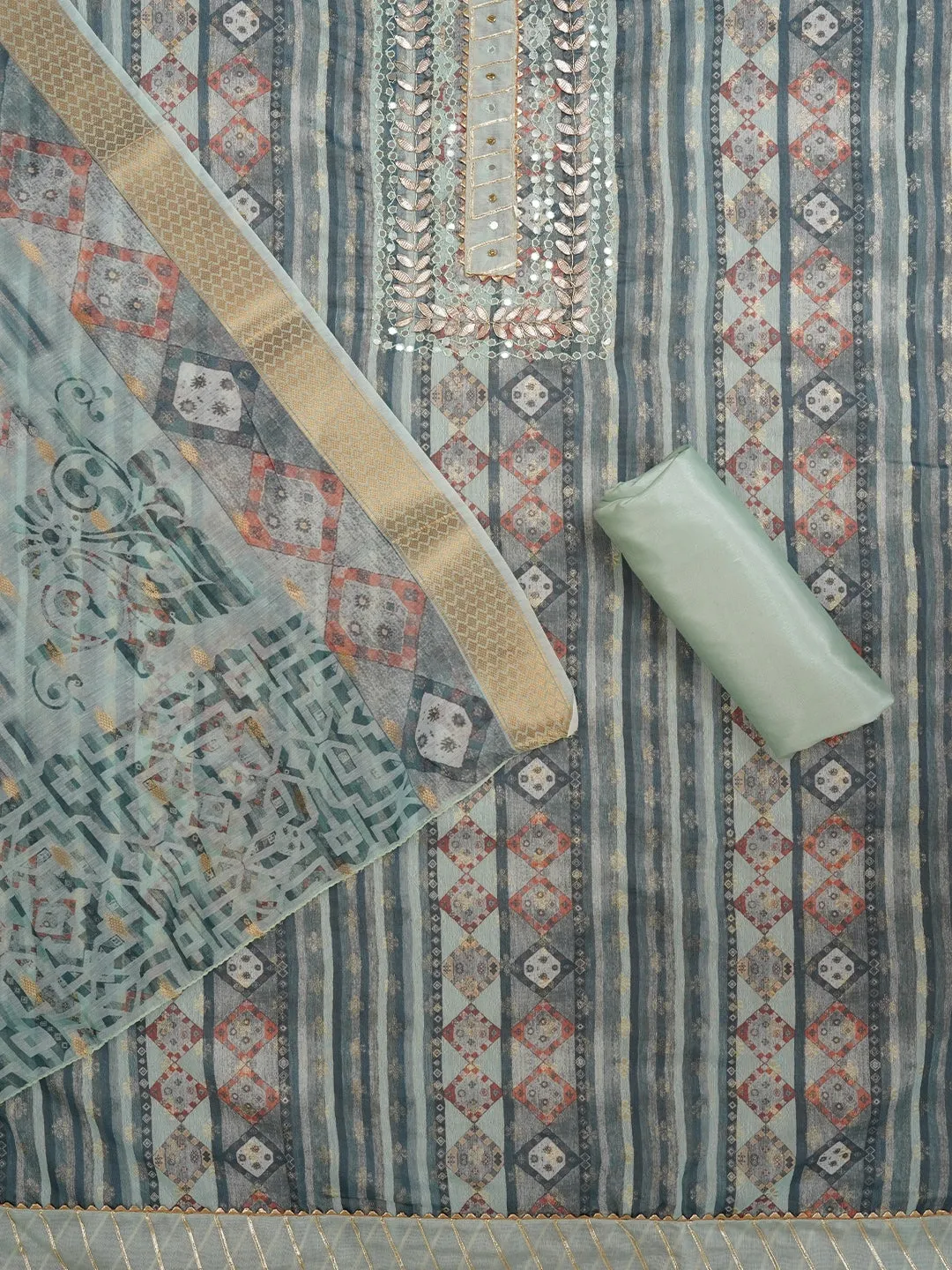 Sea Green Festive Silk Blend Zari Dress Material With Dupatta