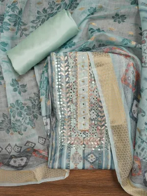 Sea Green Festive Silk Blend Zari Dress Material With Dupatta