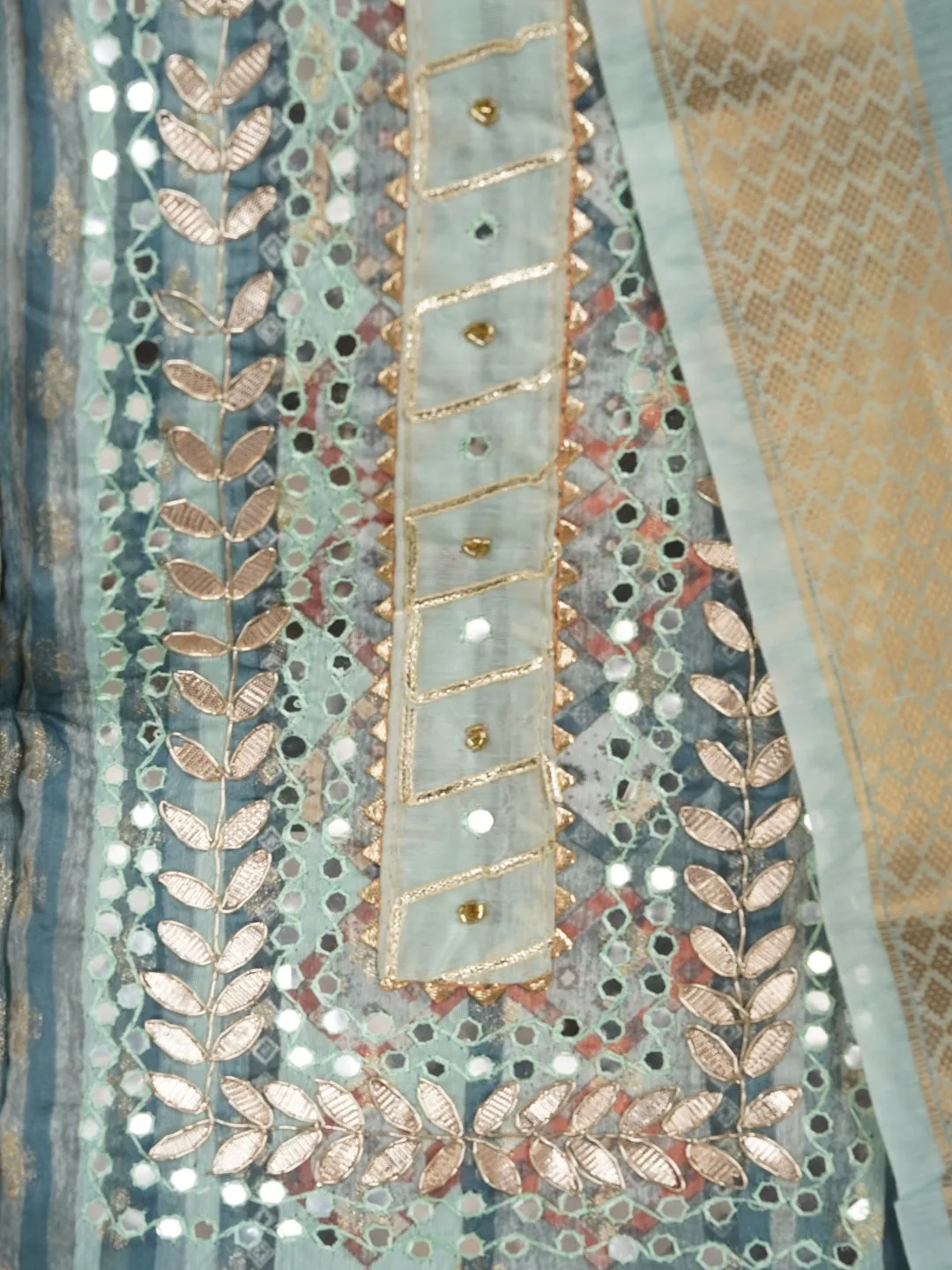 Sea Green Festive Silk Blend Zari Dress Material With Dupatta