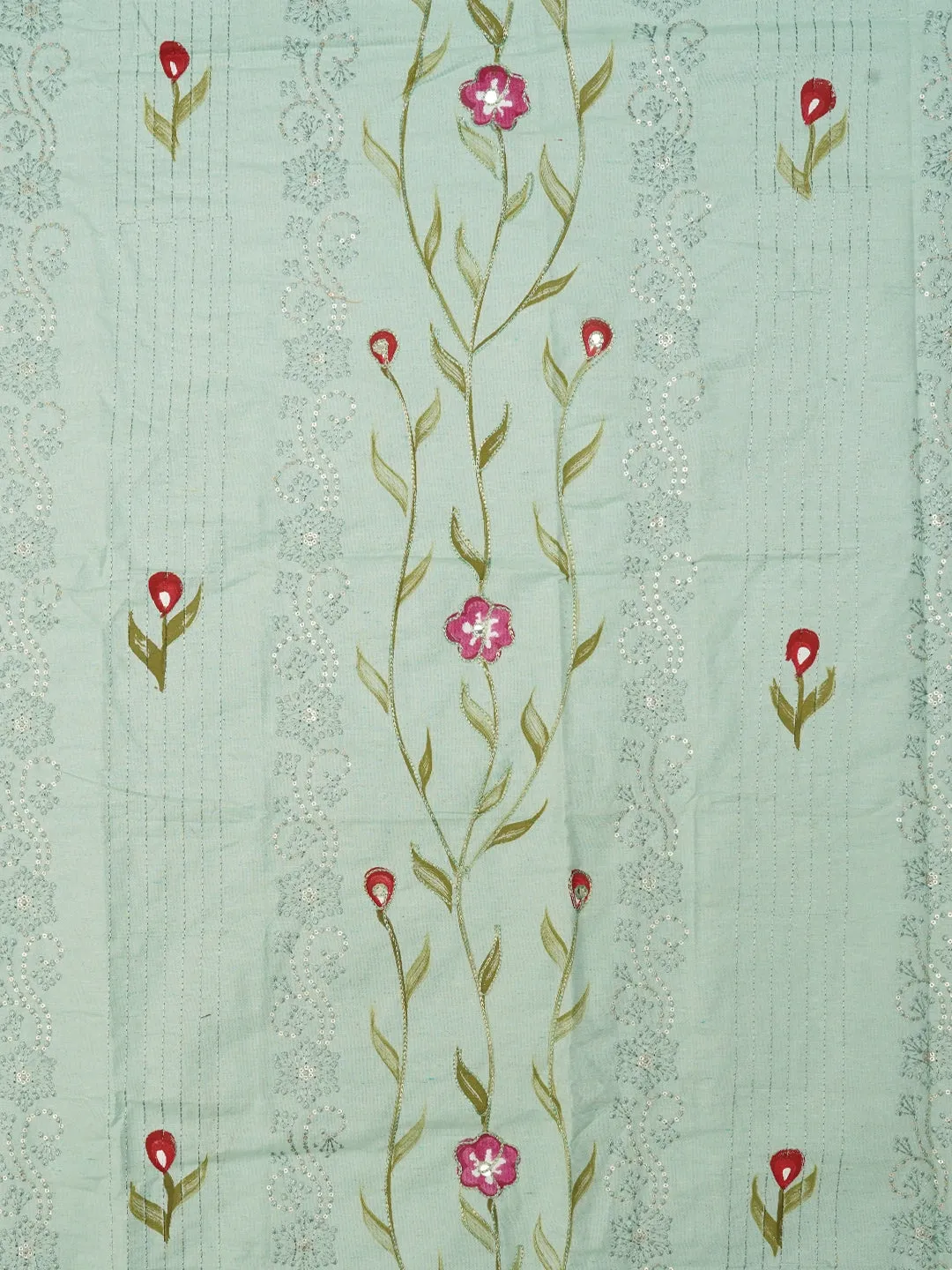 Sea Green Handpainted Embroidered Dress Material with Dupatta