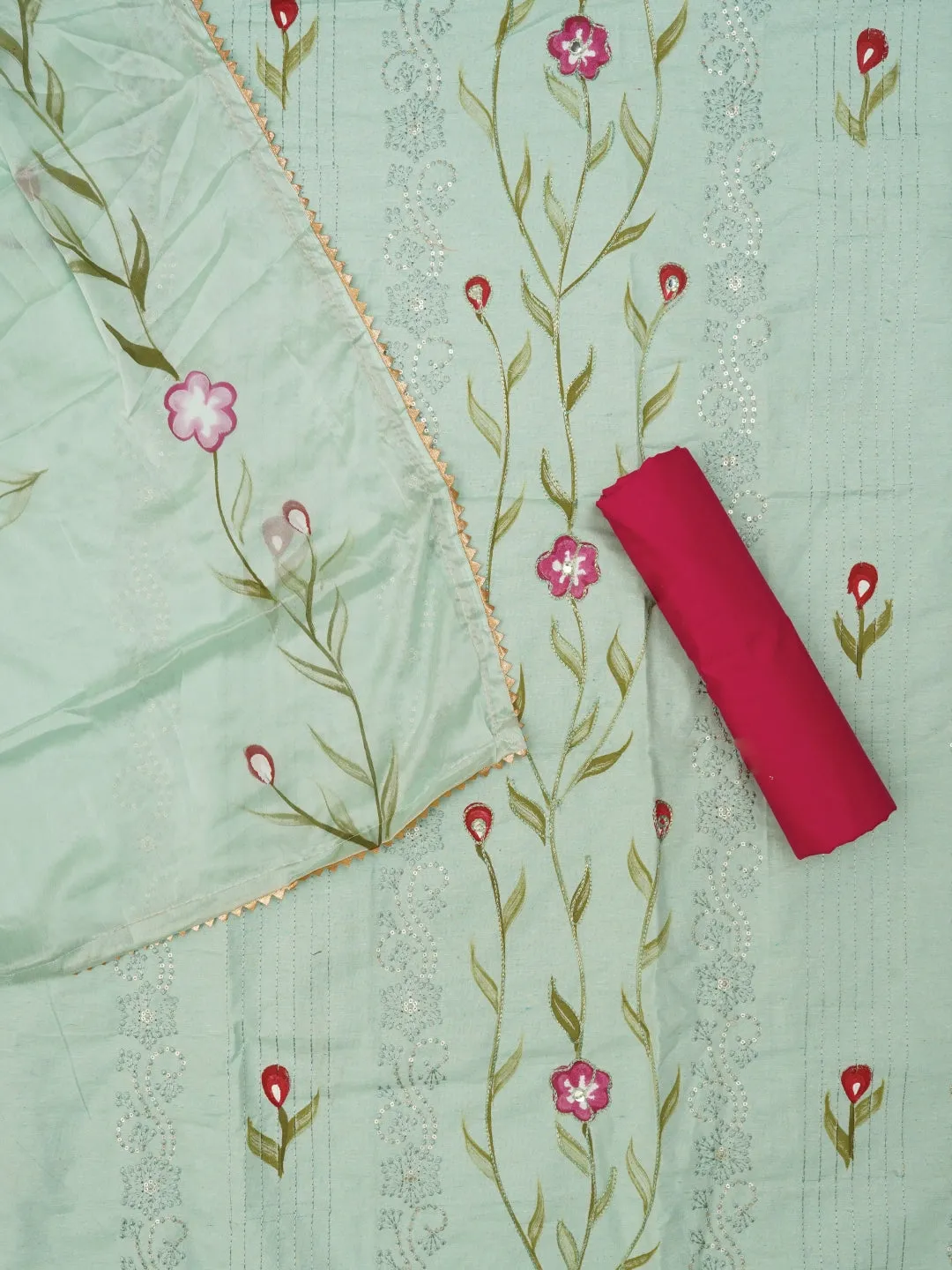 Sea Green Handpainted Embroidered Dress Material with Dupatta