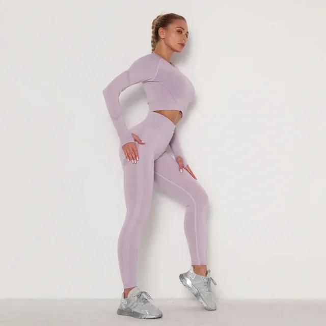 Seamless Yoga Set for Women - Long Sleeve Crop Top Bra   Leggings 2 Piece Sports Suit