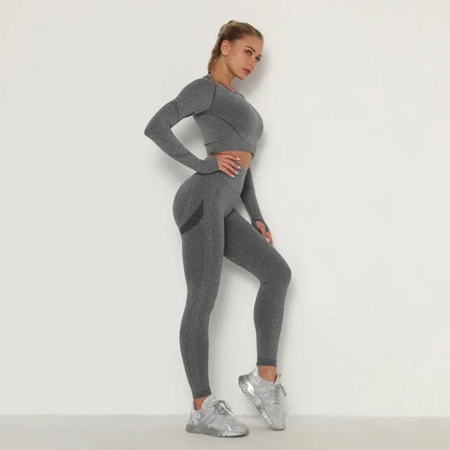 Seamless Yoga Set for Women - Long Sleeve Crop Top Bra   Leggings 2 Piece Sports Suit