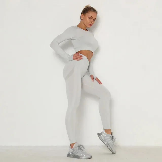 Seamless Yoga Set for Women - Long Sleeve Crop Top Bra   Leggings 2 Piece Sports Suit