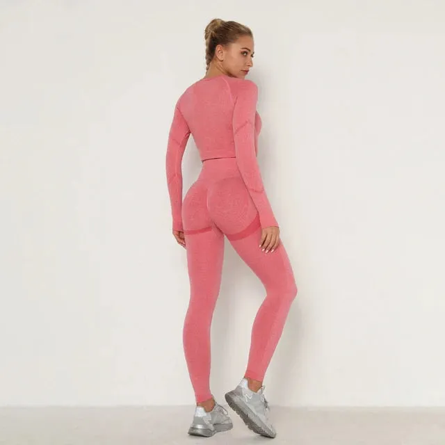 Seamless Yoga Set for Women - Long Sleeve Crop Top Bra   Leggings 2 Piece Sports Suit