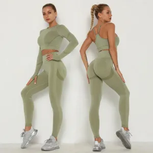 Seamless Yoga Set for Women - Long Sleeve Crop Top Bra   Leggings 2 Piece Sports Suit
