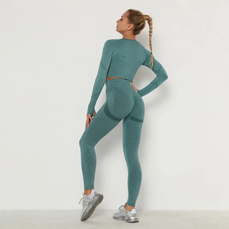 Seamless Yoga Set for Women - Long Sleeve Crop Top Bra   Leggings 2 Piece Sports Suit