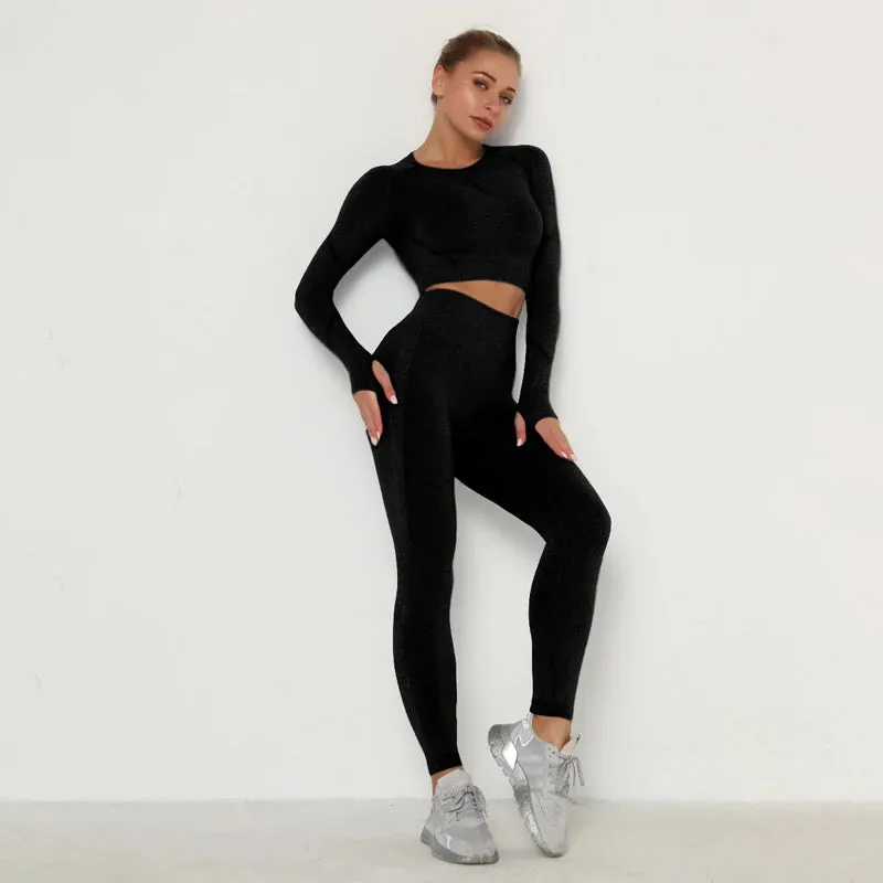 Seamless Yoga Set for Women - Long Sleeve Crop Top Bra   Leggings 2 Piece Sports Suit