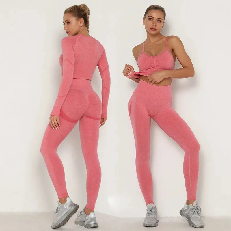 Seamless Yoga Set for Women - Long Sleeve Crop Top Bra   Leggings 2 Piece Sports Suit