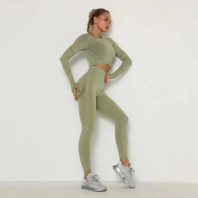 Seamless Yoga Set for Women - Long Sleeve Crop Top Bra   Leggings 2 Piece Sports Suit
